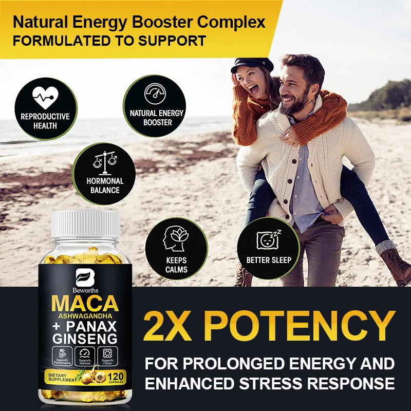 BEWORTHS Natural Maca Root Capsules with Ashwagandha Extract Vegetarian for Men Health Soft Gels Gluten Free Energy Supplement