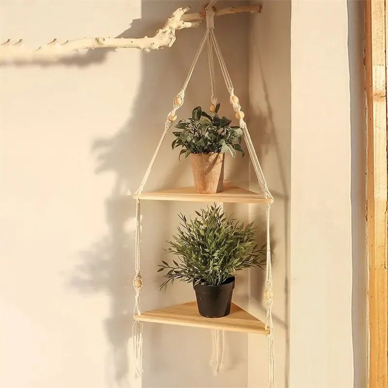 Woven Storage Rack Manual Bohemian Cotton Rope Triangular Wooden Board Home Homestay Decoration Flower Pot Pendant Storage Rack
