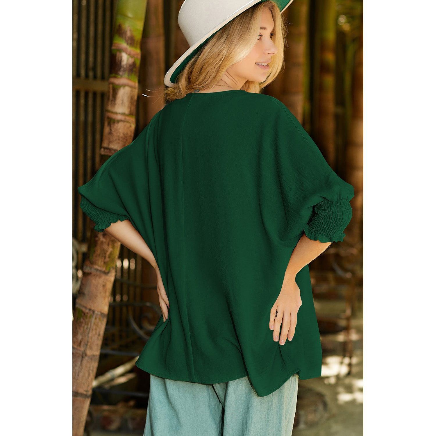 White Plain & Casual Shirred Cuffs Half Sleeve Top