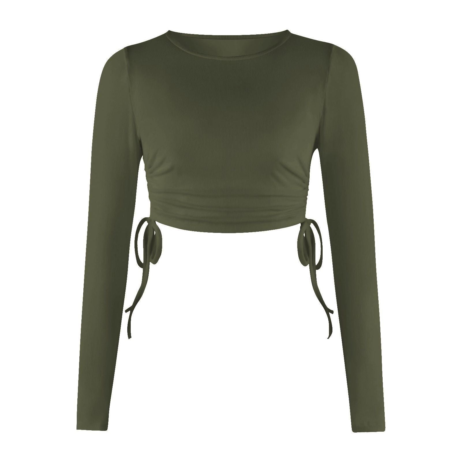 Drawstring Round Neck Long Sleeve Cropped T-shirt Thread Top