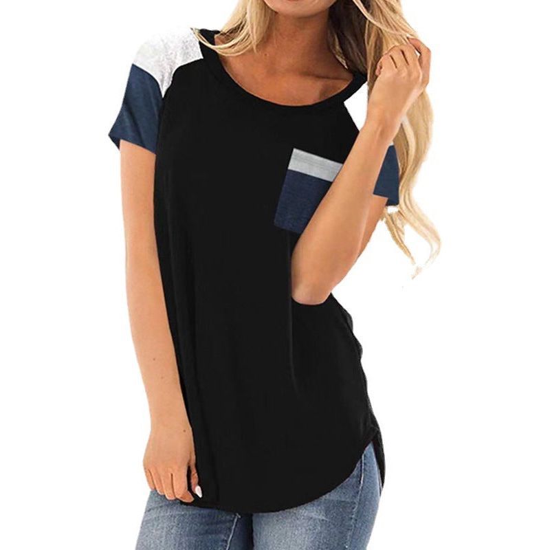 Spring Summer Stripes Pocket Stitching Loose Short-sleeved Top For Women - Jointcorp