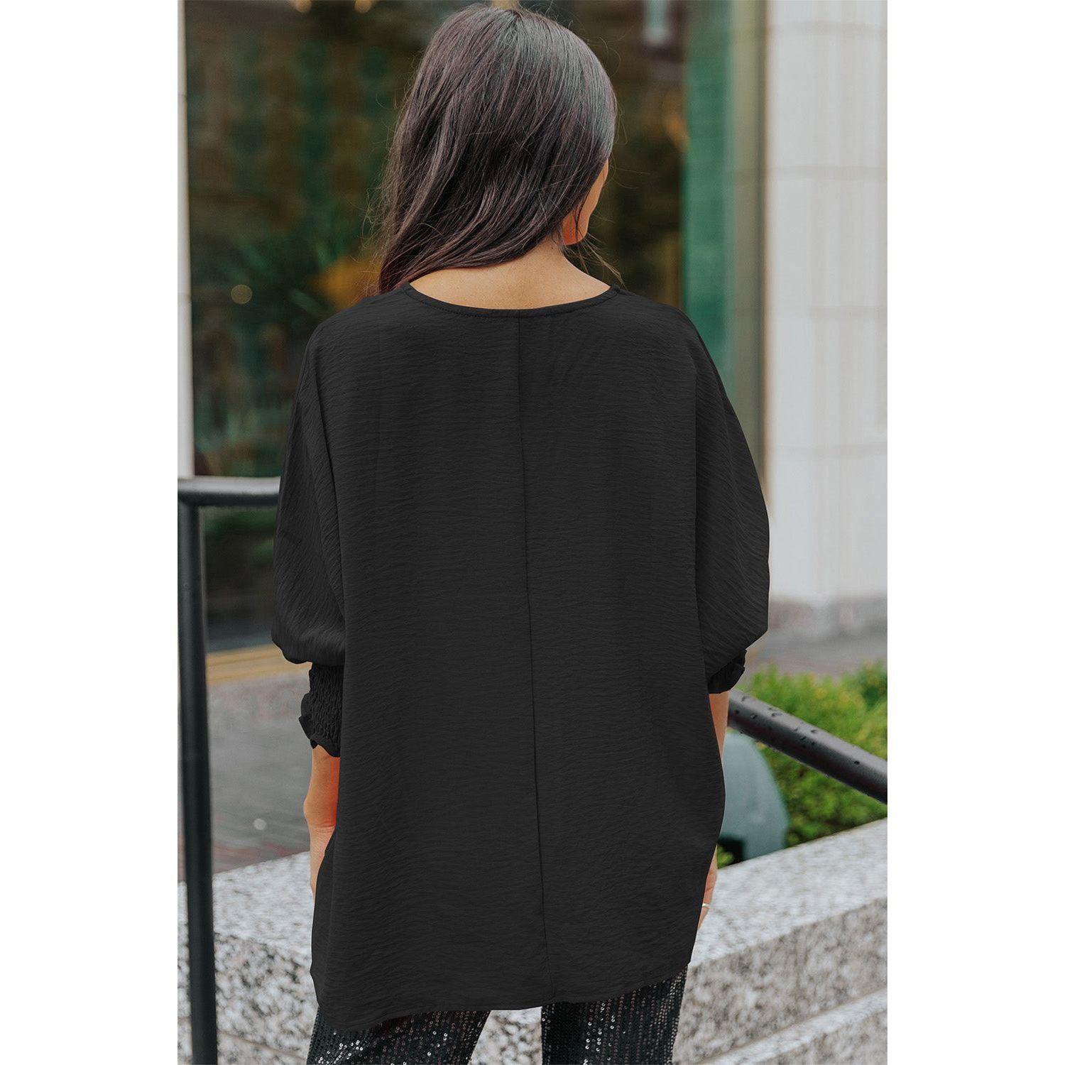 White Plain & Casual Shirred Cuffs Half Sleeve Top
