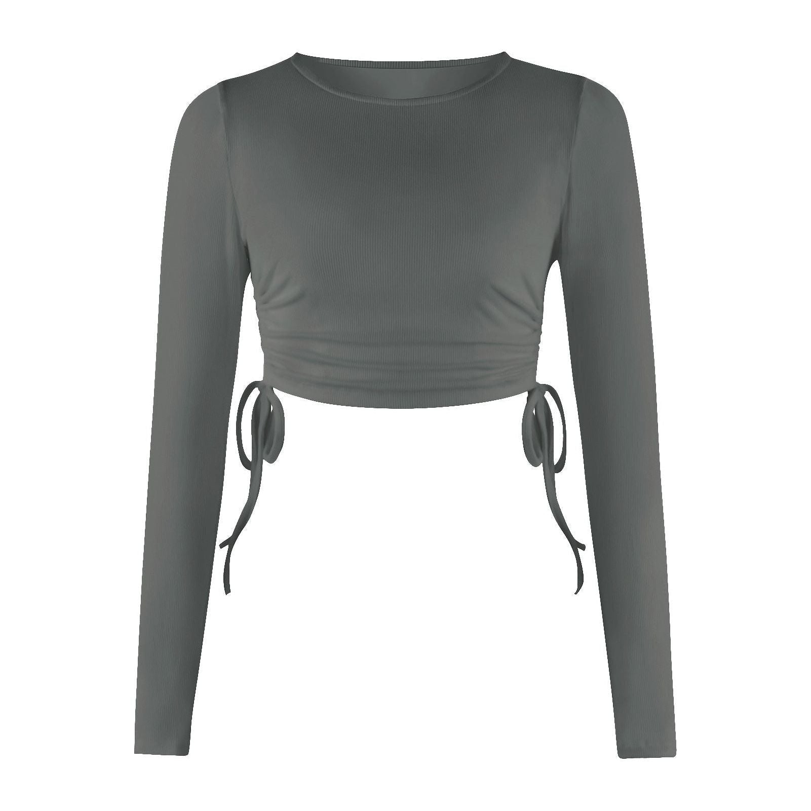 Drawstring Round Neck Long Sleeve Cropped T-shirt Thread Top