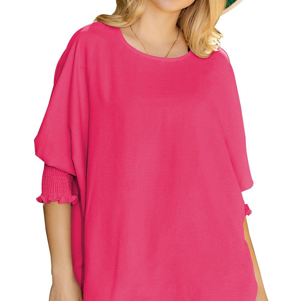 White Plain & Casual Shirred Cuffs Half Sleeve Top