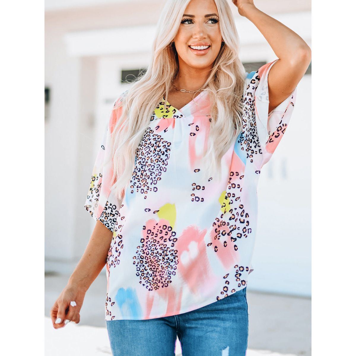 Women's Batwing Sleeve Loose V-neck Pullover Top