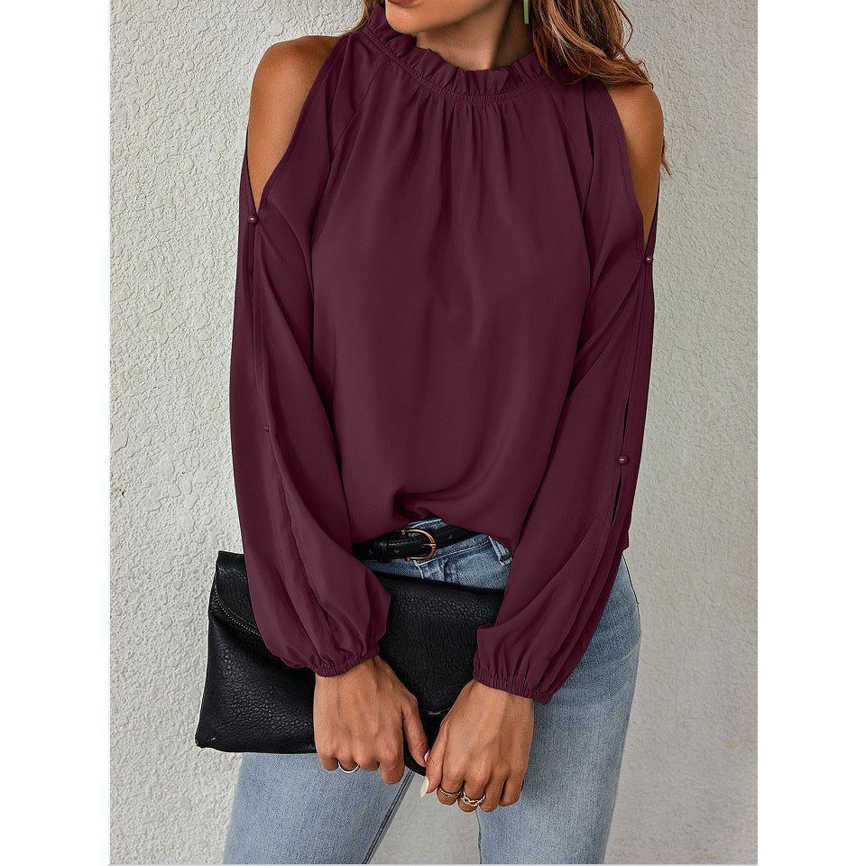 Ruffle Round Neck Long Sleeve Pleated Off-shoulder Top