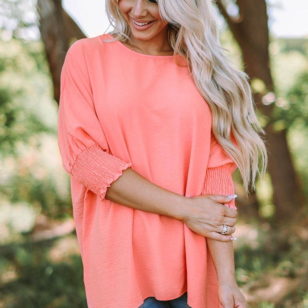 White Plain & Casual Shirred Cuffs Half Sleeve Top
