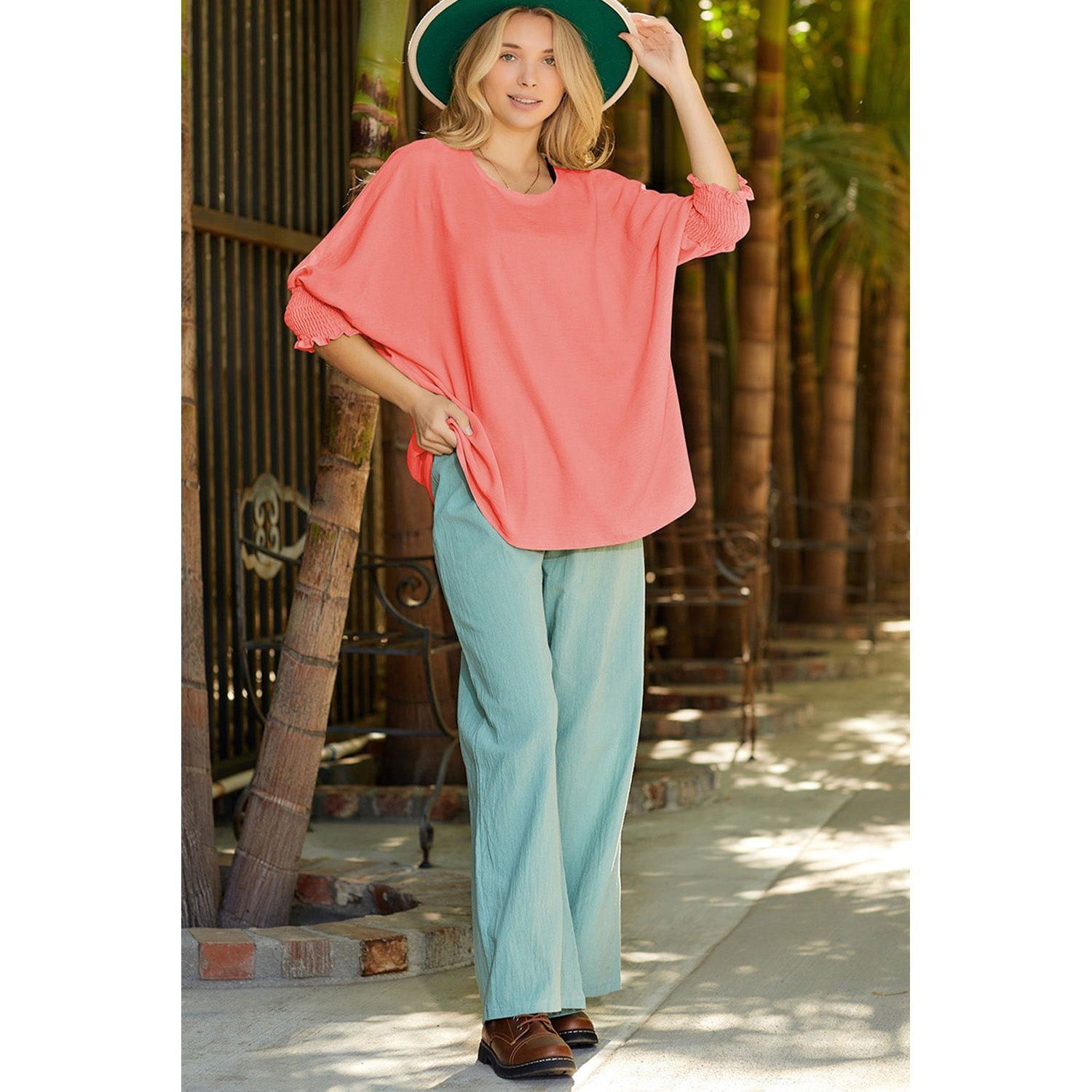 White Plain & Casual Shirred Cuffs Half Sleeve Top