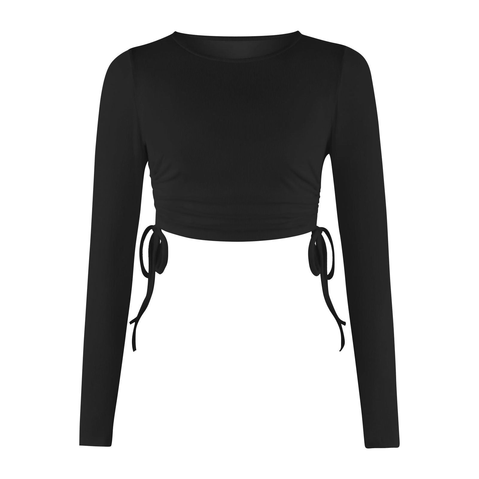 Drawstring Round Neck Long Sleeve Cropped T-shirt Thread Top