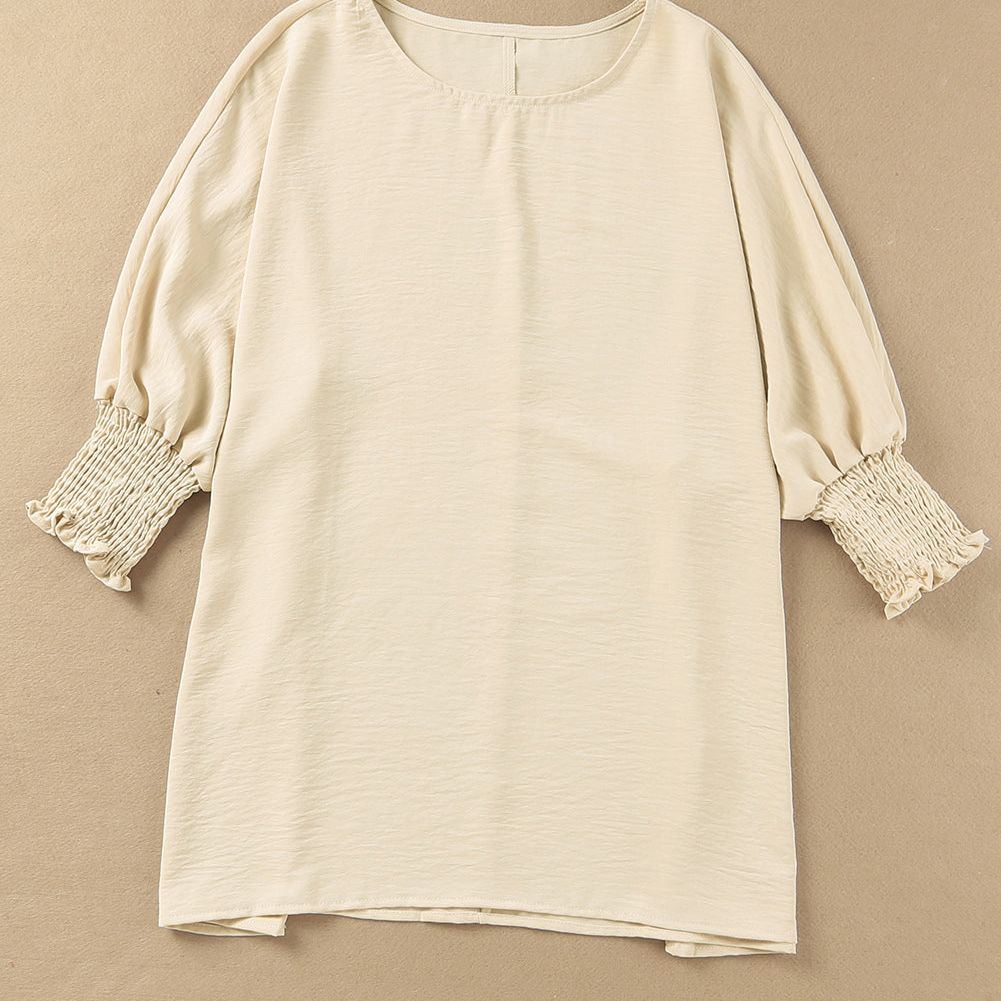 White Plain & Casual Shirred Cuffs Half Sleeve Top