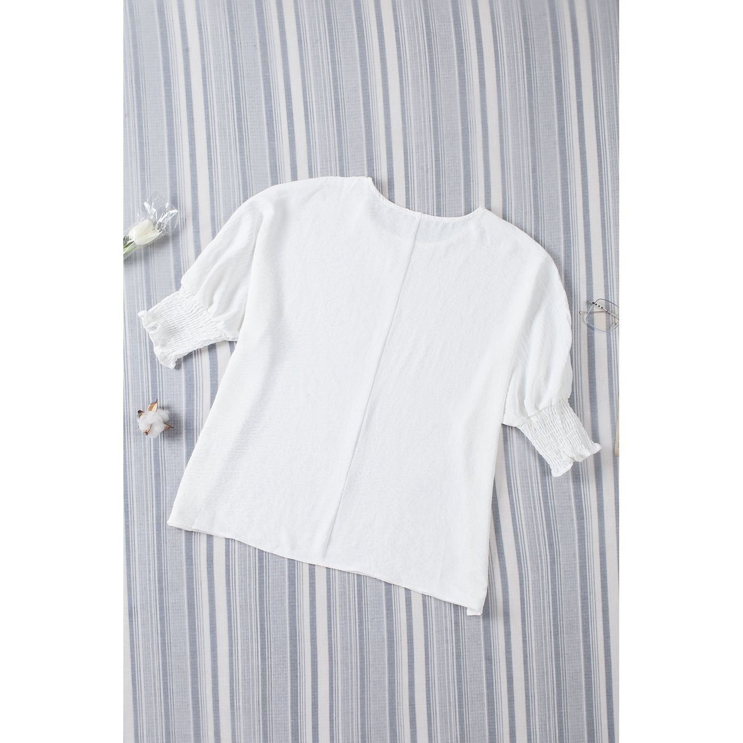 White Plain & Casual Shirred Cuffs Half Sleeve Top