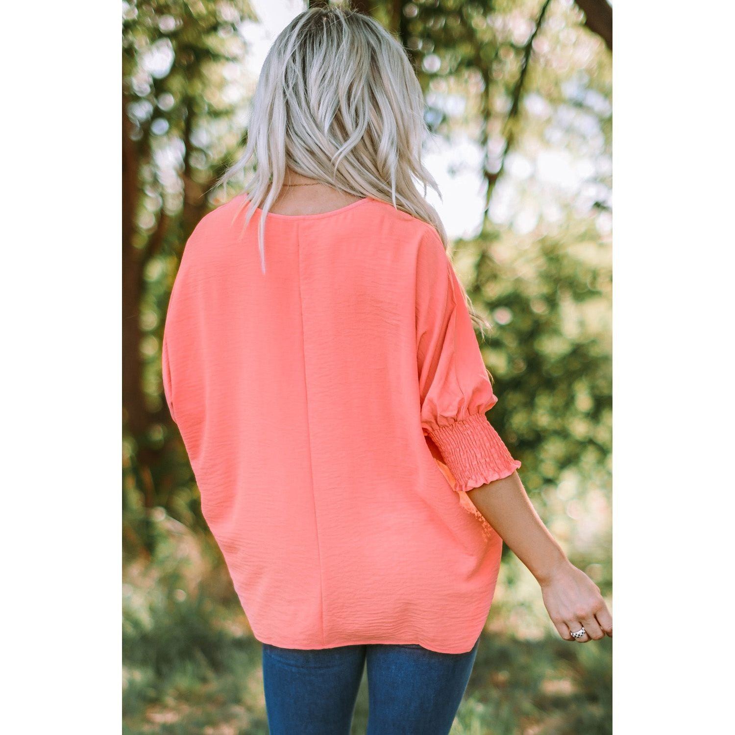 White Plain & Casual Shirred Cuffs Half Sleeve Top