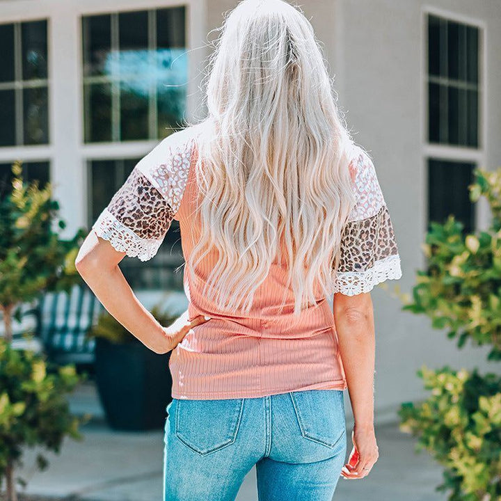 Round Neck Half Sleeve Loose Top Summer New Fashion Leopard Print Lace T-shirt