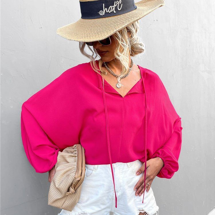 Lantern Sleeve Tied V-neck Loose Casual Top Women