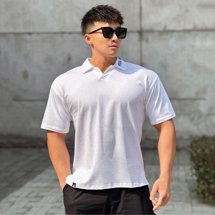 Fitness Running Loose Cotton Lapel Embroidered Thick T-shirt - Jointcorp