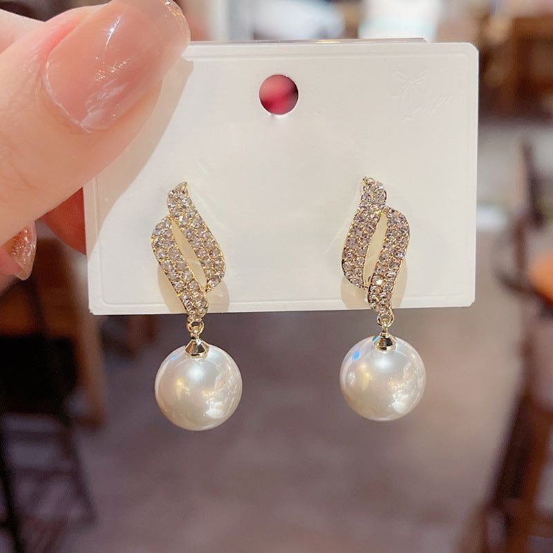 Silver Needle Niche Full Diamond Leaves Faux Pearl Earrings - Jointcorp