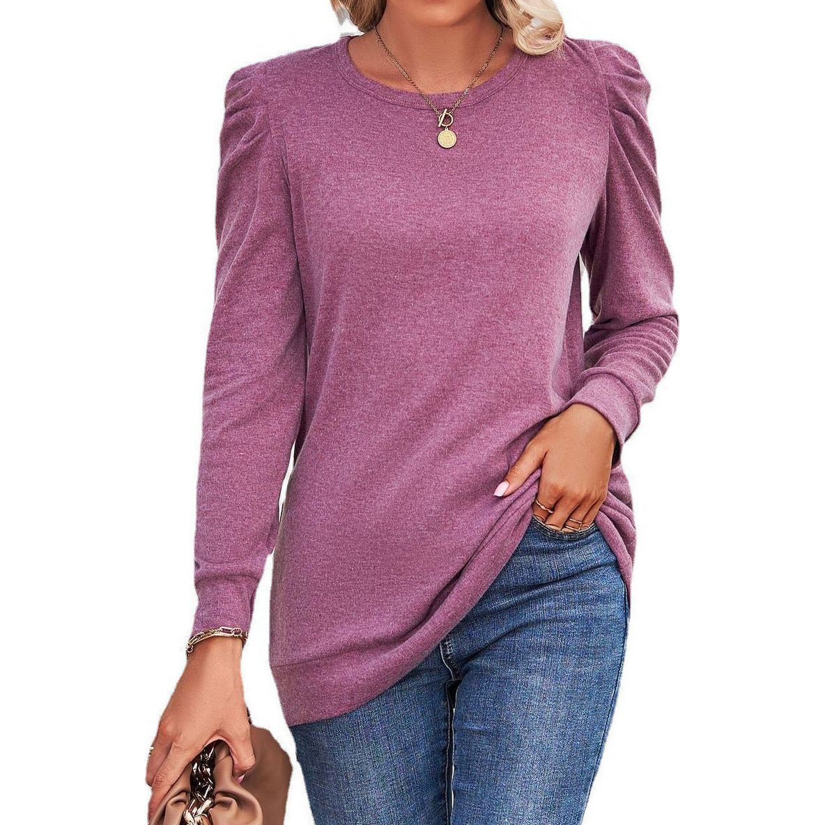 European And American Autumn And Winter New Loose Round Neck Pleated Long Sleeve Solid Color T-shirt Top Women