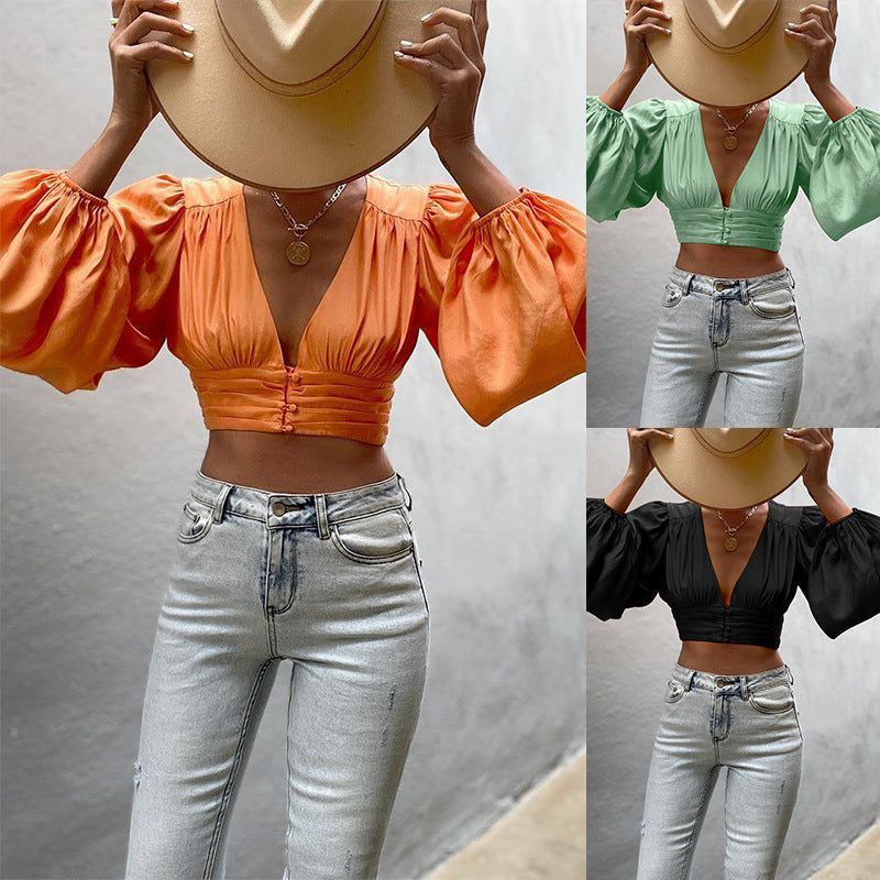 Women's Long Sleeve Deep V Women's Cropped Top - Jointcorp