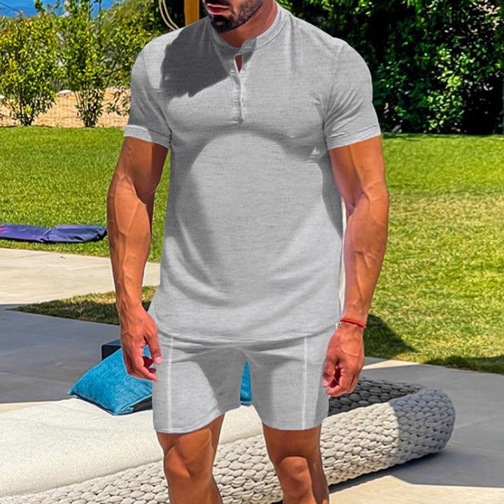 Men's Casual Athletic Solid Color Henley Two-Piece Suit - Jointcorp