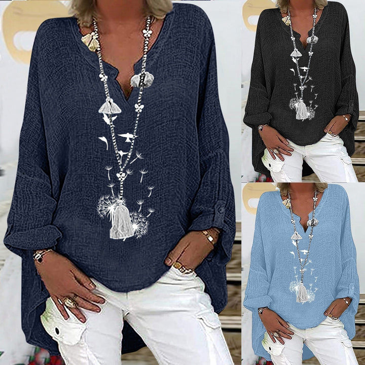 Top Dandelion Print V-Neck Cotton Linen - Jointcorp