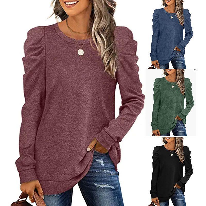 European And American Autumn And Winter New Loose Round Neck Pleated Long Sleeve Solid Color T-shirt Top Women