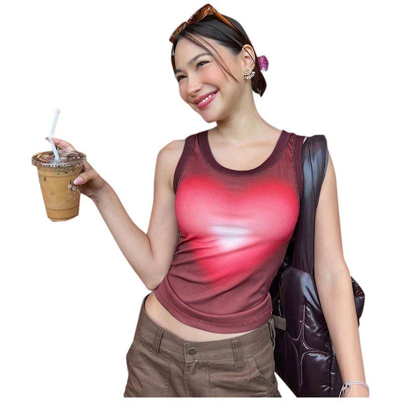 Hot Girl Heart Printing Sleeveless Vest Bare Midriff Slim Fit All-matching Sleeveless Shirt
