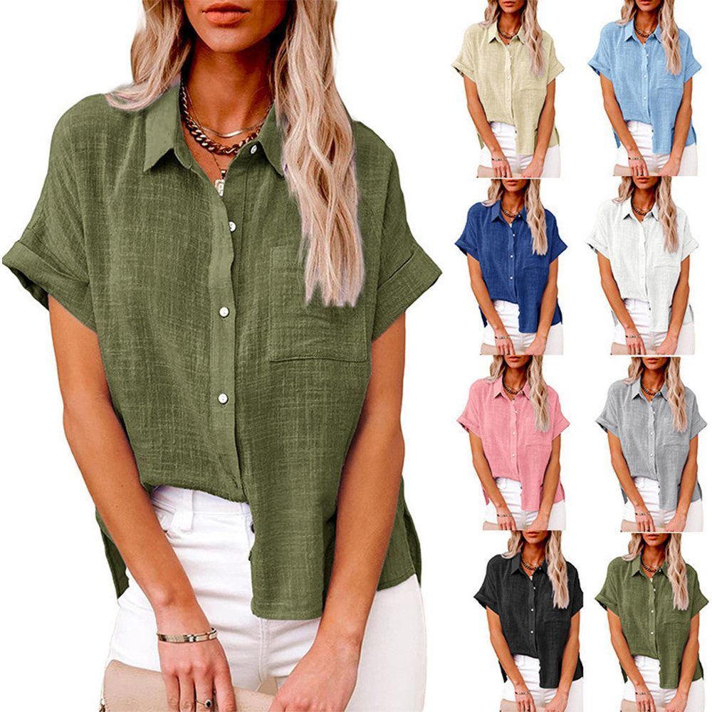 Shirt With Cotton And Linen Pockets And Short Sleeves