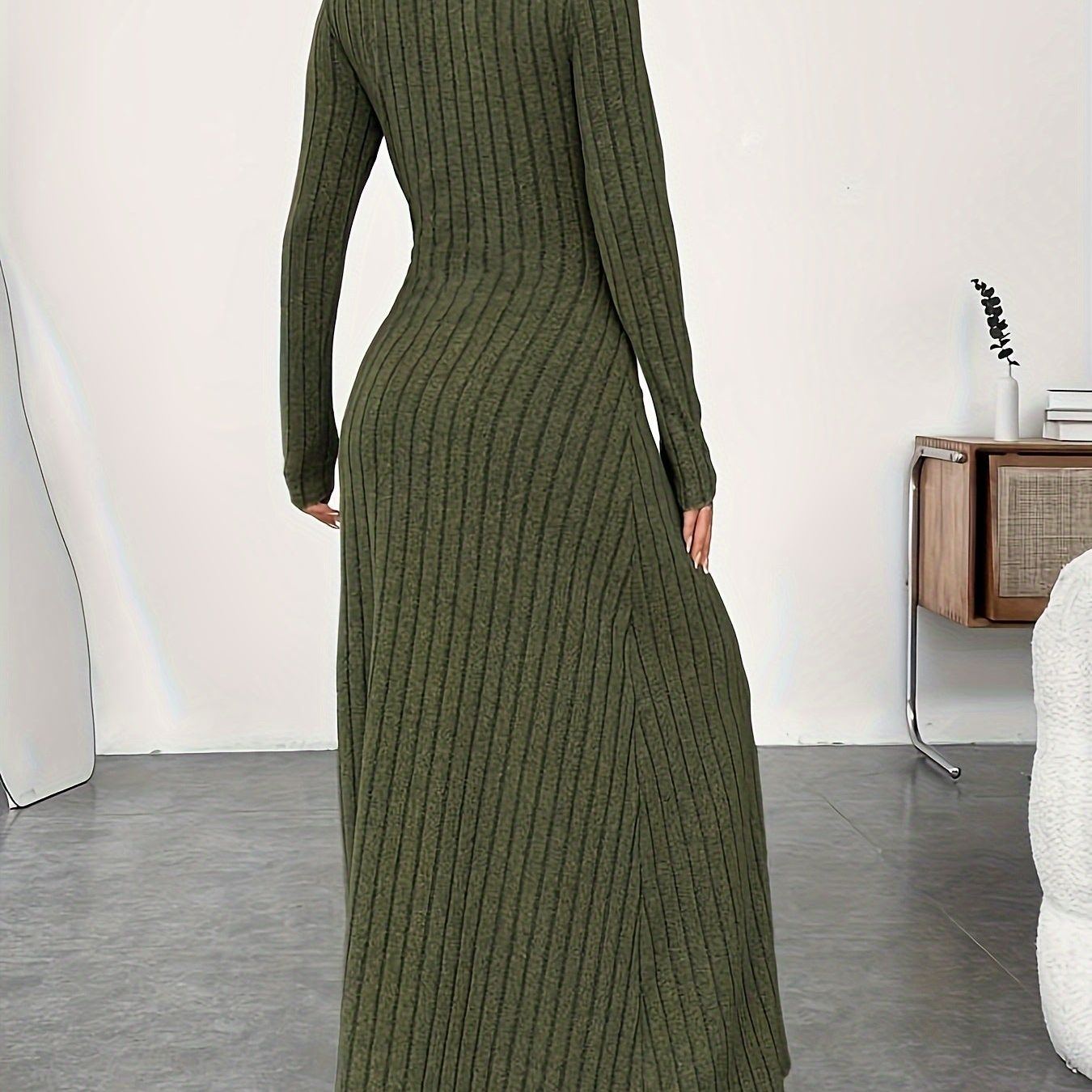 Solid Color Turtle Neck Ribbed Dress, Elegant Long Sleeve Flared Maxi Dress For Spring & Fall, Women's Clothing