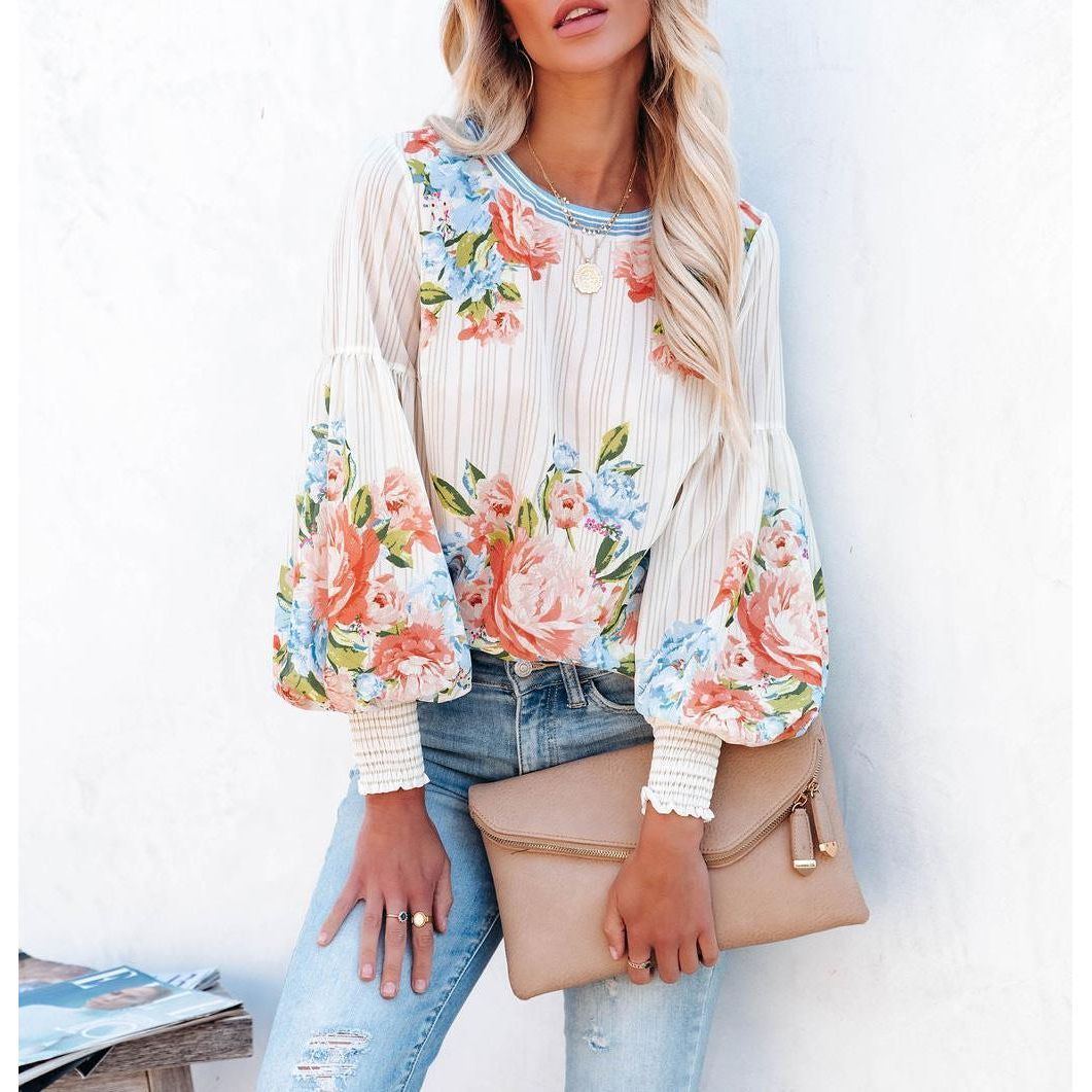 Spring Street Hipster Lantern Sleeve Positioning Flower Women's Round Neck Loose T-shirt