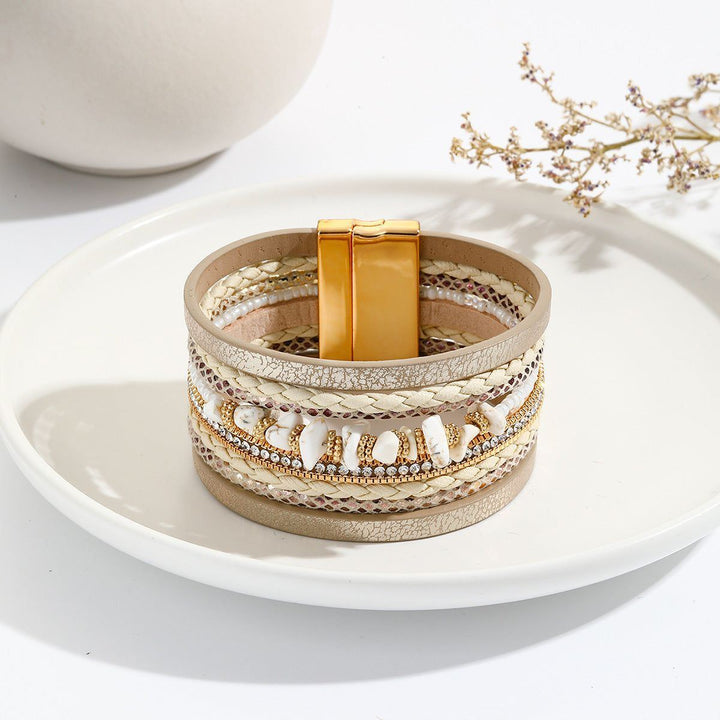 Irregular Turquoise Design Wide-brimmed Leather Bracelet Creative Rhinestone-encrusted - Jointcorp