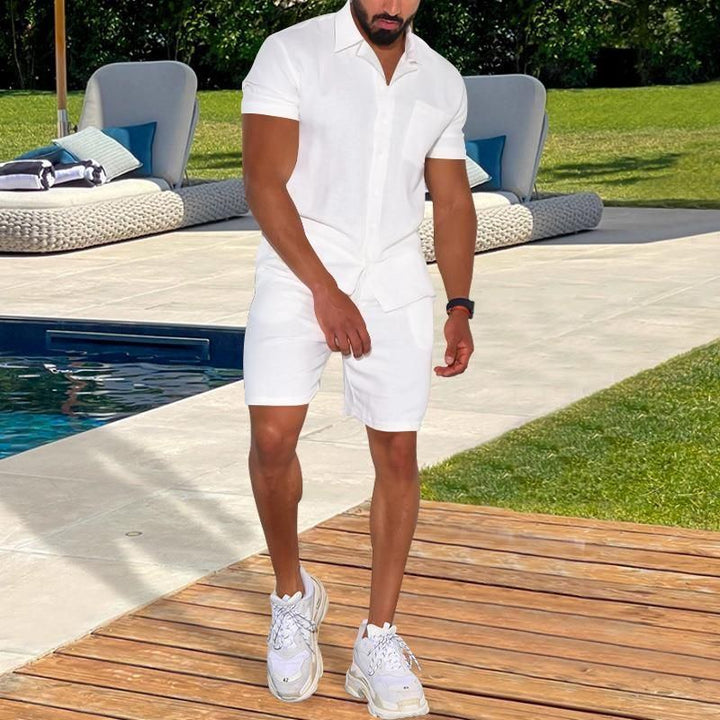 Cross-border Summer Menswear Suit Polo Collar Solid Color Short-sleeved Shorts Suit Button Four-sided Stretch Shirt - Jointcorp
