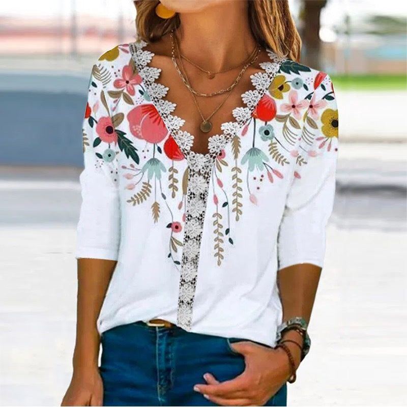 Loose And Comfortable Casual Lace V-neck Printed Women's T-shirt - Jointcorp