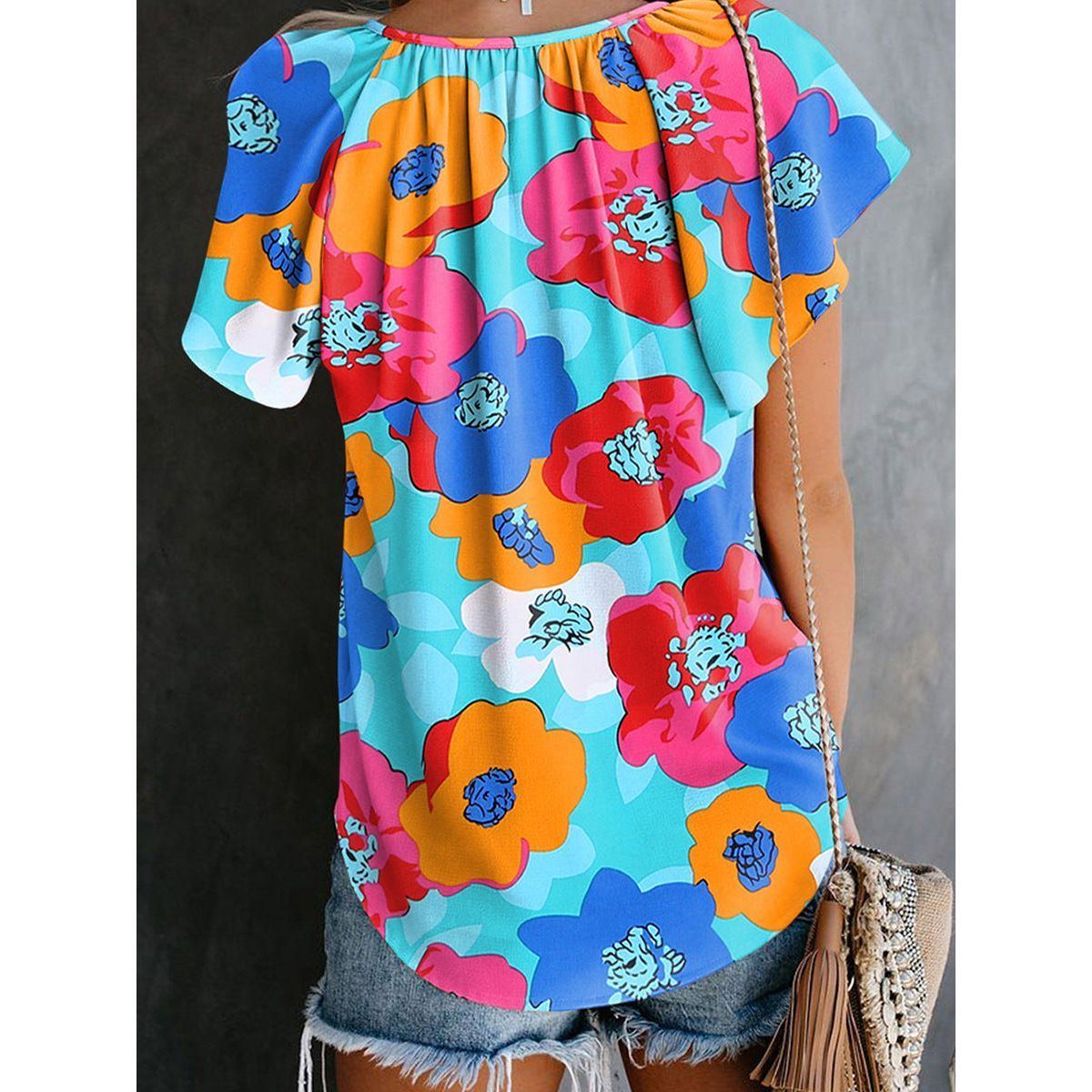 Floral Print Drawstring V-neck Short Sleeve - Jointcorp