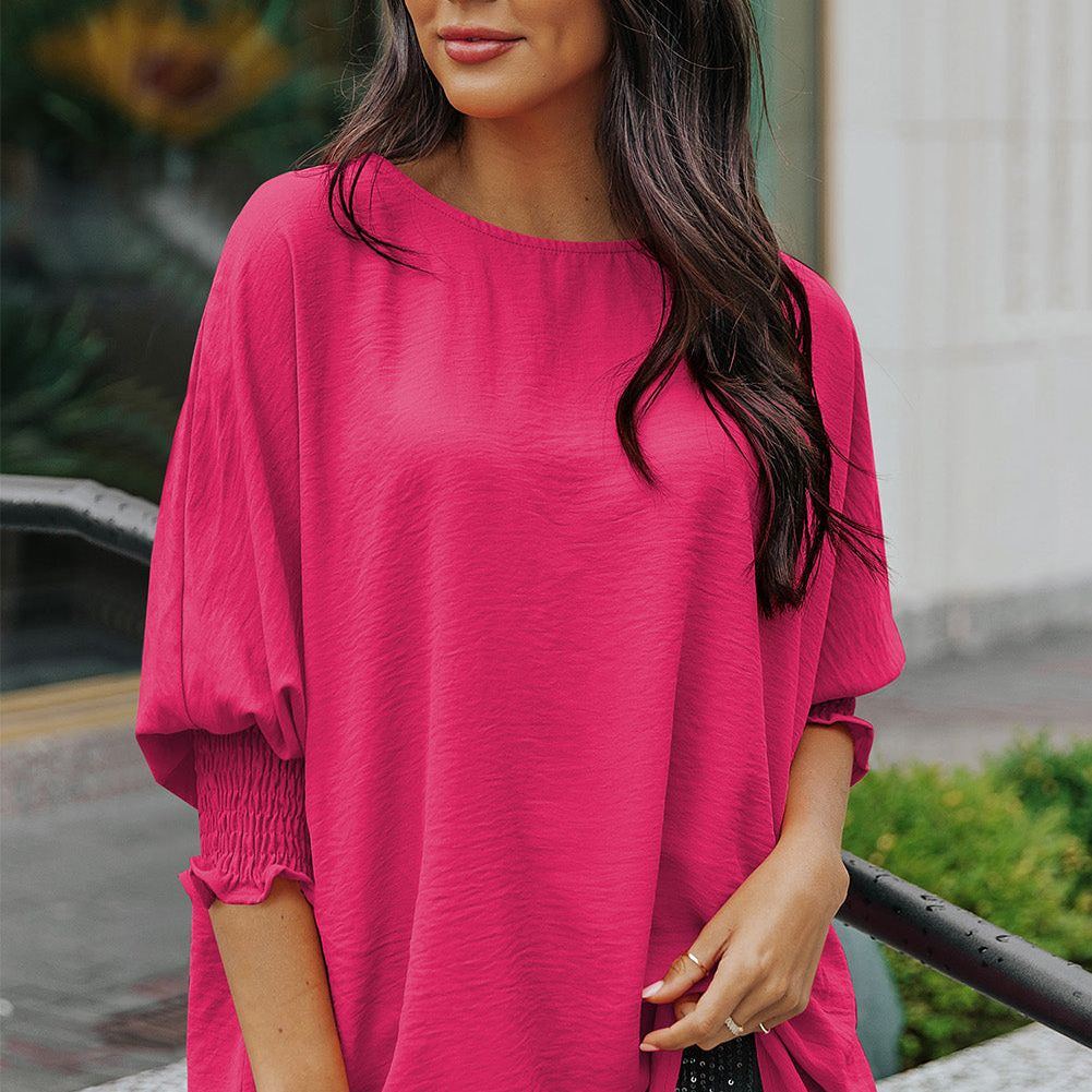 White Plain & Casual Shirred Cuffs Half Sleeve Top