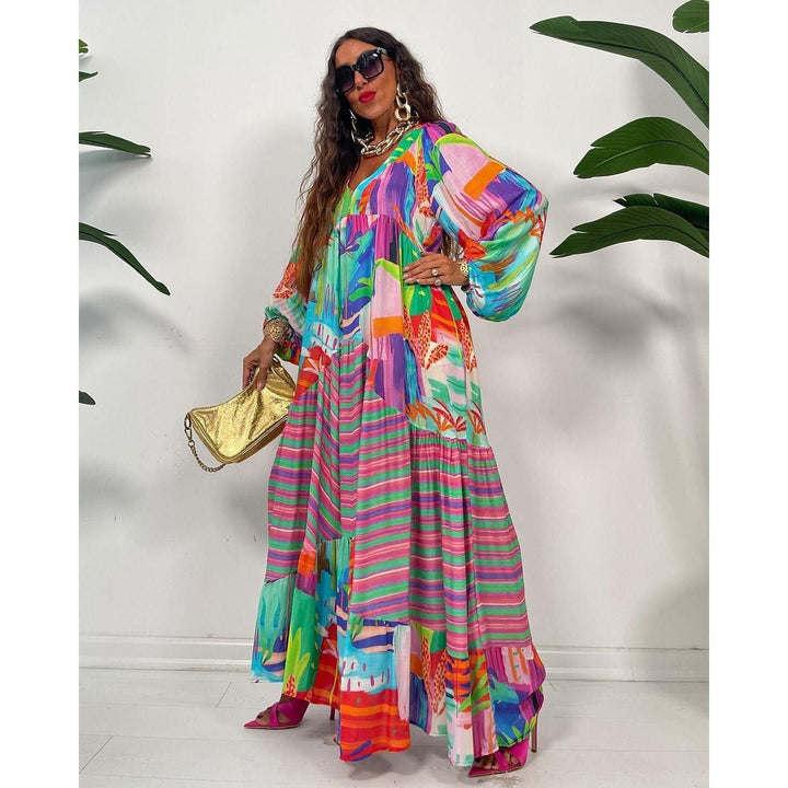 Oversized V-neck Printed Dress Retro French Women - Jointcorp
