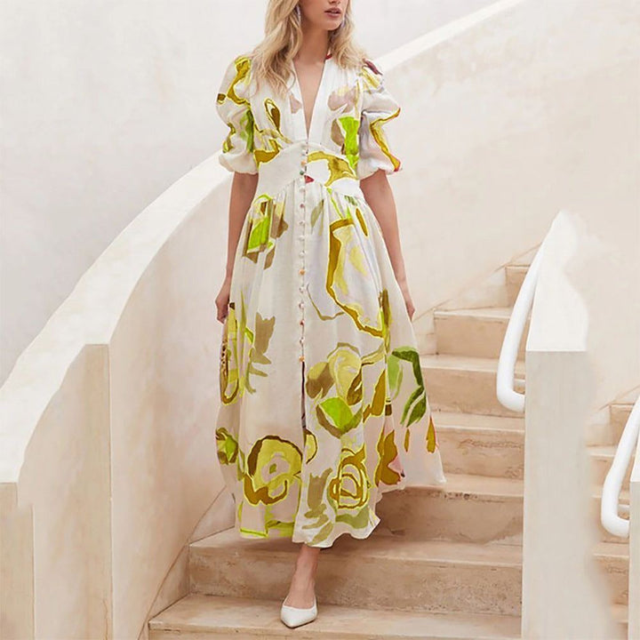 Print Dresses For Women Summer V-neck Button Short Sleeve Dress - Jointcorp