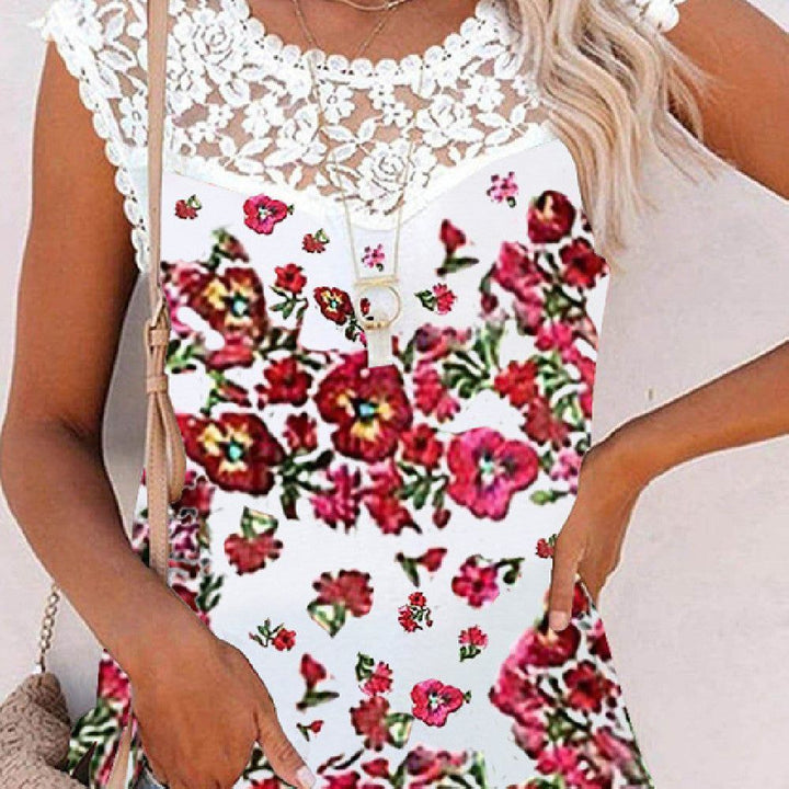 Summer Print Crew Neck Lace Trim Casual Loose Women's Tank Top - Jointcorp