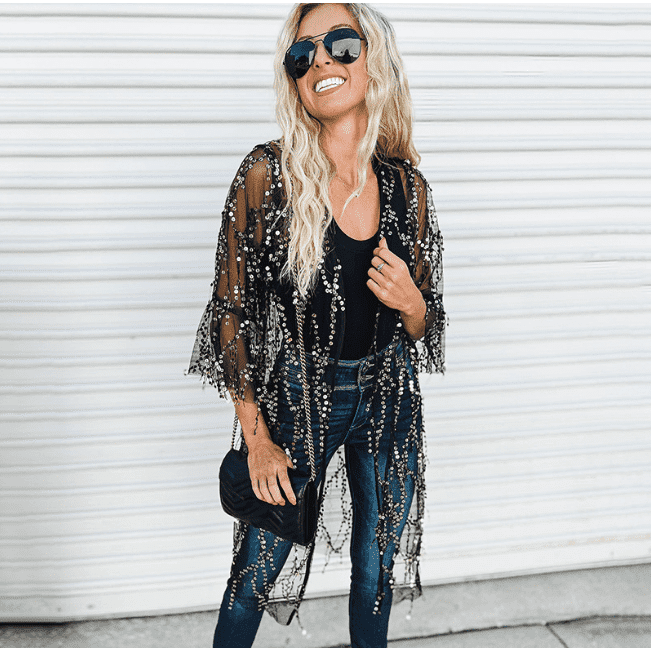 Sequined Transparent Mid-length Cardigan For Women Autumn