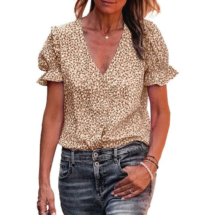 Printed Slim Shirt Women's Ruffled Low V-neck Shirt Women - Jointcorp