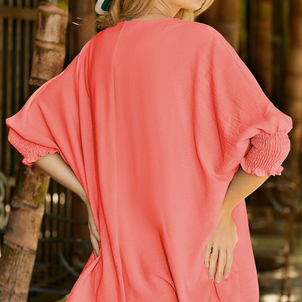 White Plain & Casual Shirred Cuffs Half Sleeve Top