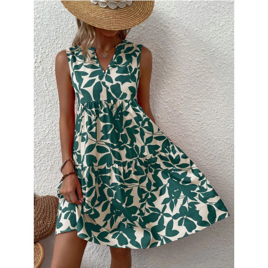 Bohemian Print Dress: V-neck, Sleeveless, Loose Fit, For Women. - Jointcorp