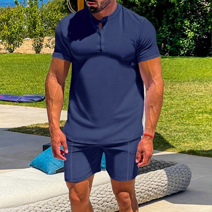 Men's Casual Athletic Solid Color Henley Two-Piece Suit - Jointcorp