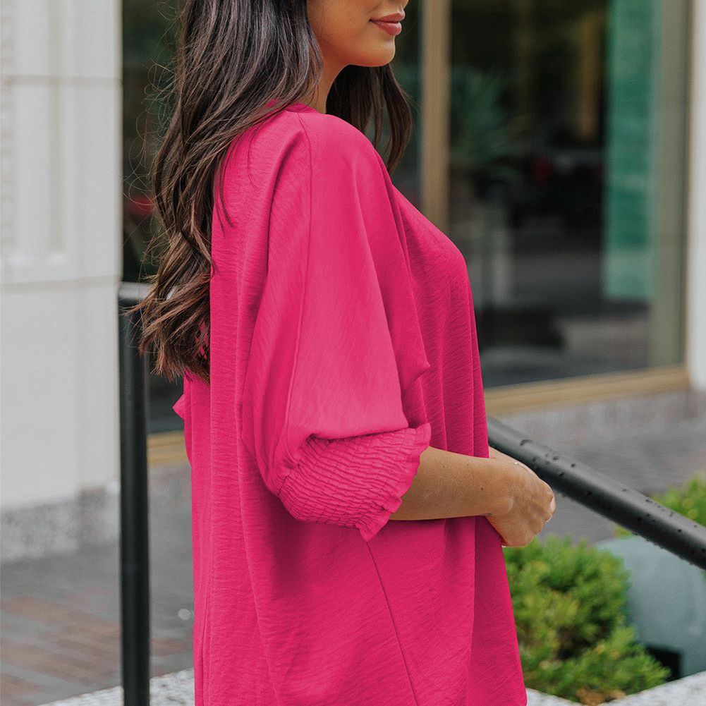 White Plain & Casual Shirred Cuffs Half Sleeve Top