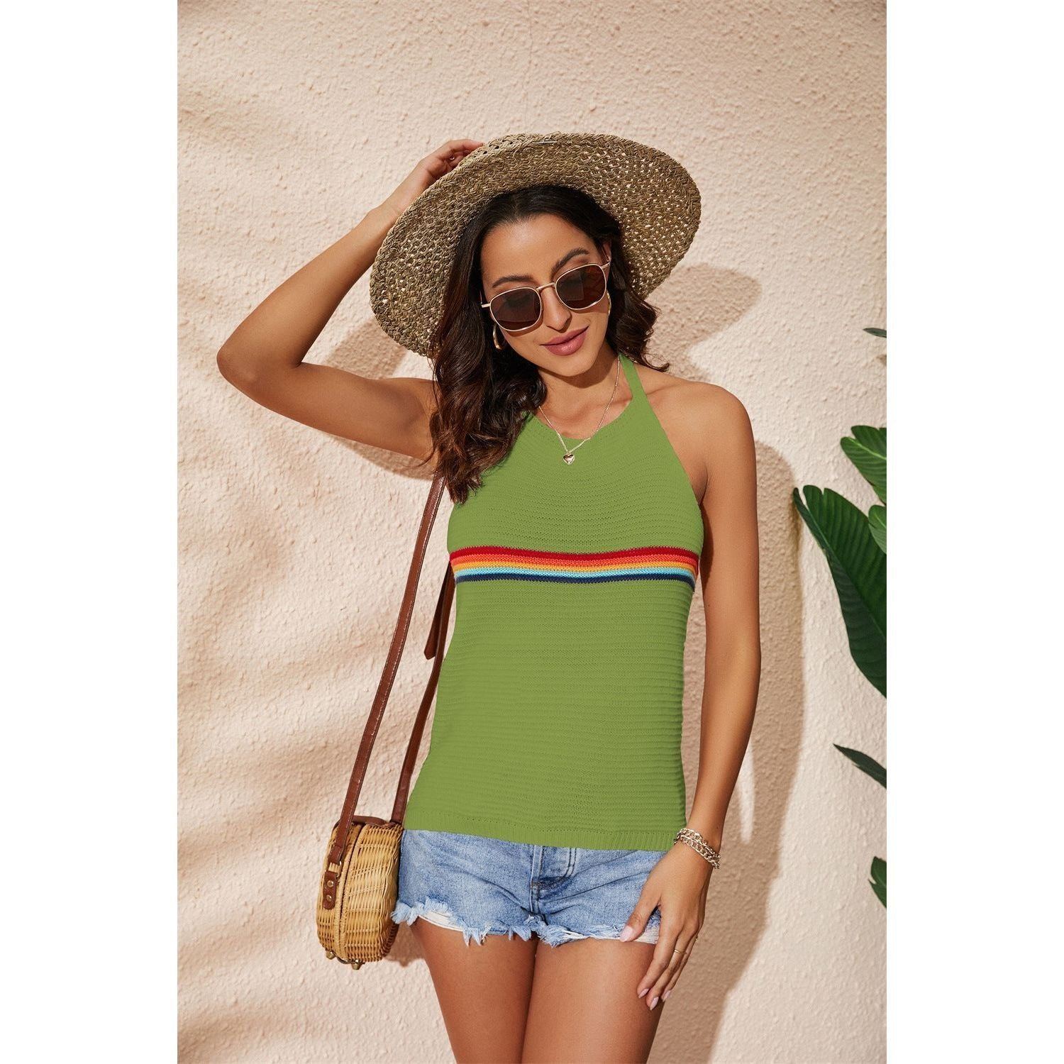 Women's Clothing Rainbow Color-blocking Halter Top Fashion Backless Knitted Lace-up Vest
