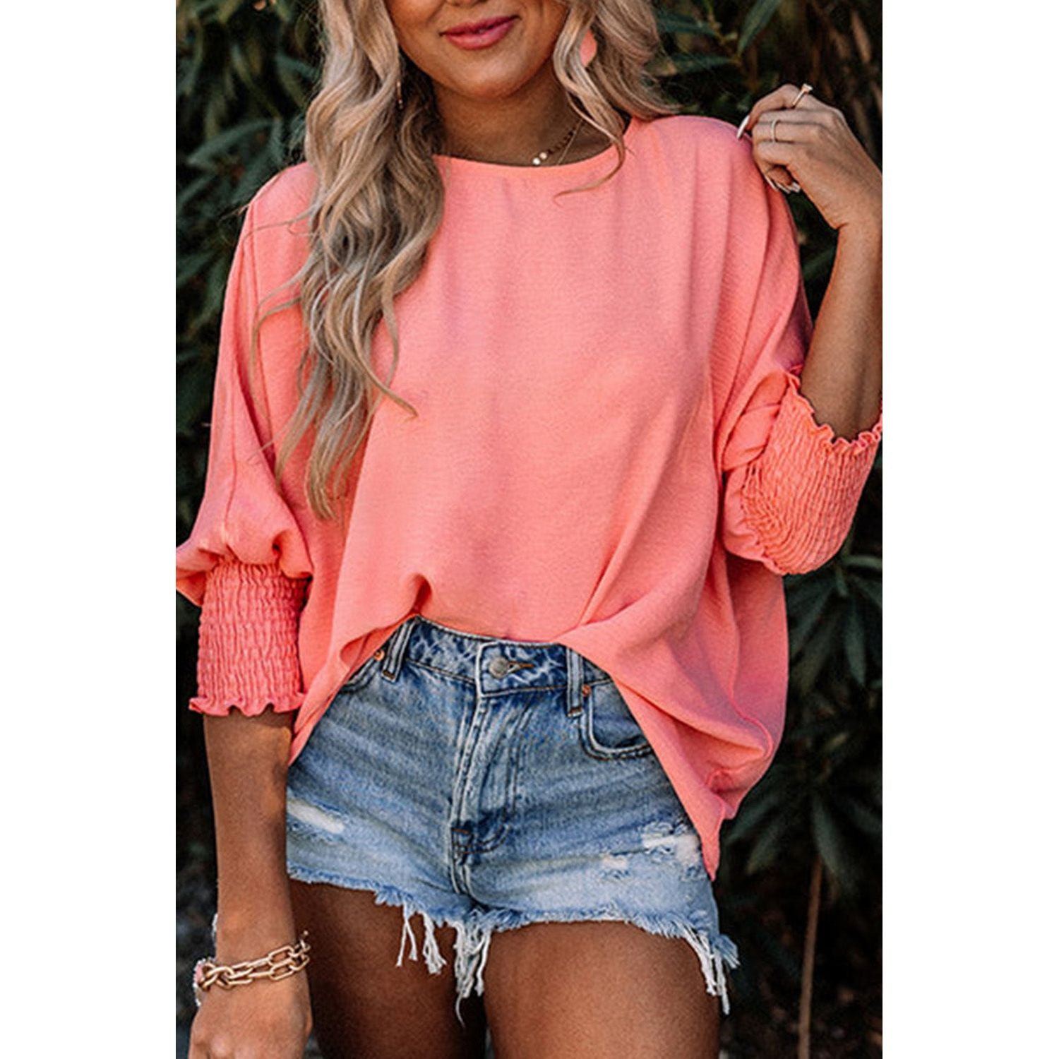 White Plain & Casual Shirred Cuffs Half Sleeve Top