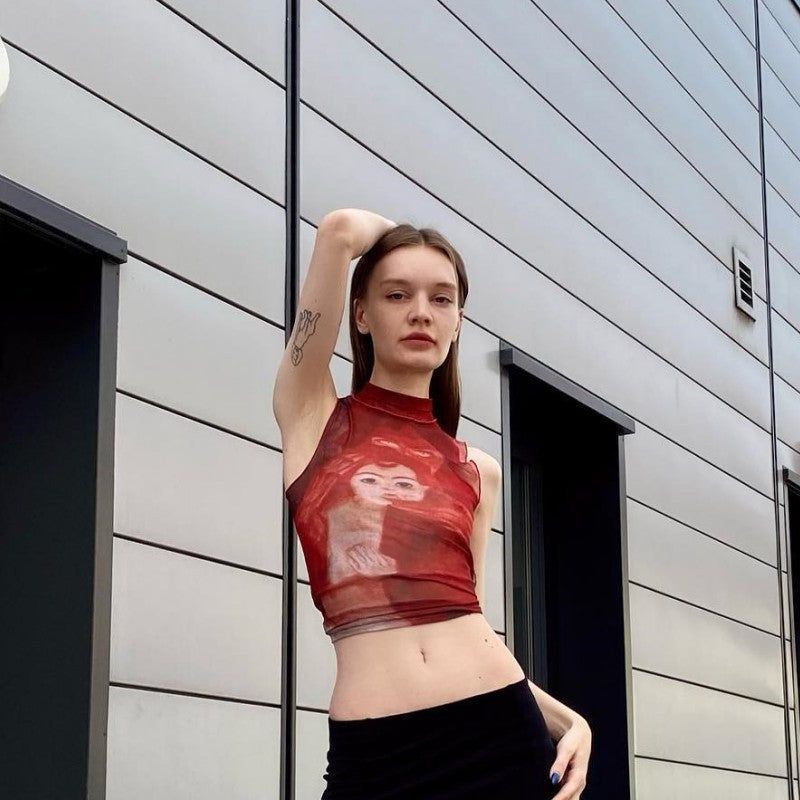 Sleeveless Round Neck Printed Short Cropped Cropped Women's Vest