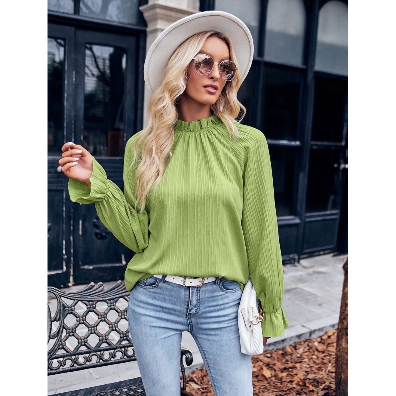 Autumn Women's Ruffled Collar Long Sleeve Jacquard Loose-fitting Top