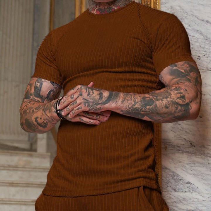 Men's Summer Sports Fitness Casual Stand Collar Elastic Vertical Bar Round Neck Short Sleeve T-shirt - Jointcorp
