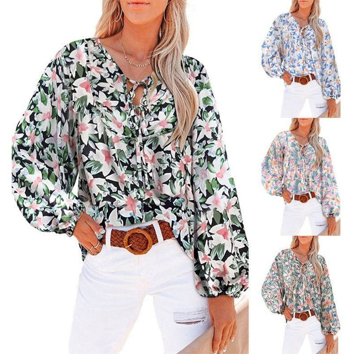 Women's New V-neck Casual Floral Lace-up Shirt Top - Jointcorp