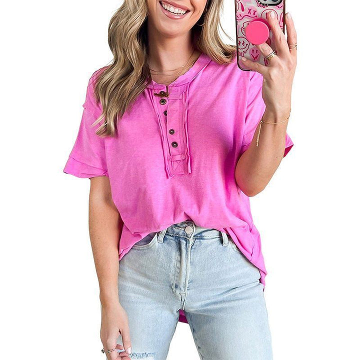 Mid-length Shiying Casual Style Half-open Collar Top